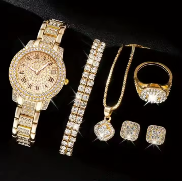 Glamour Luxe Set: Reloj+ collar+ anillo+ pendiente+ brazalete