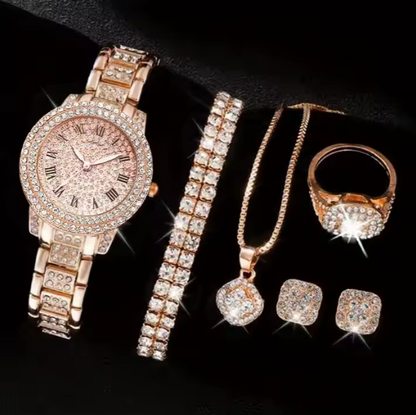 Glamour Luxe Set: Reloj+ collar+ anillo+ pendiente+ brazalete